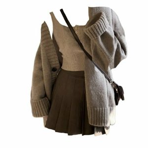 Y2K Grunge Single-Breasted Oversize Cardigan + Mini Pleated Skirt Set - 90s Retro