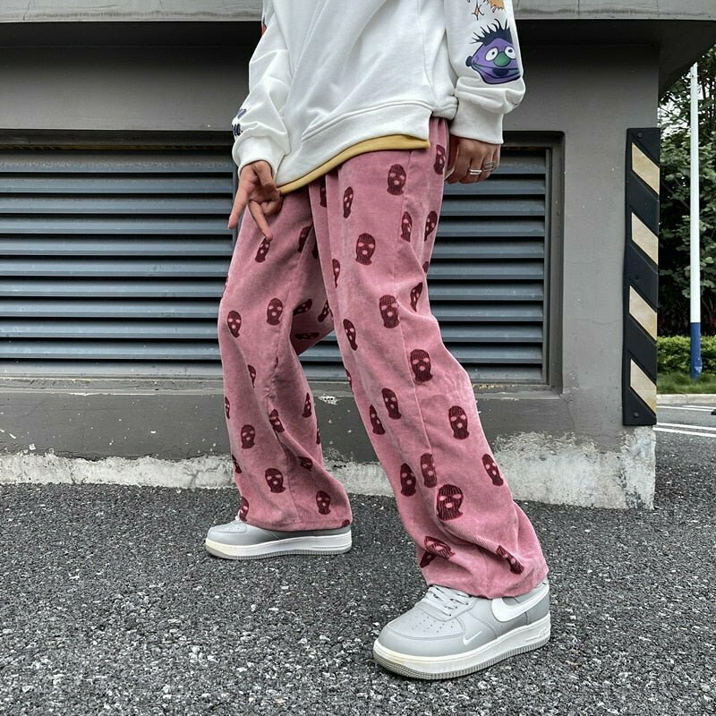 Y2K Grunge Skater Girl Skull Print Corduroy Pants - Retro 90s Fashion, Gothic Y2K