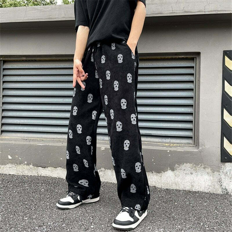 Y2K Grunge Skater Girl Skull Print Corduroy Pants - Retro 90s Fashion, Gothic Y2K