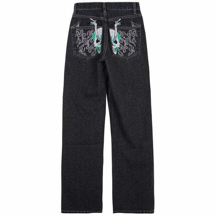 Y2K Grunge Skeleton Embroidery Jeans - Retro 90s Fashion, Summer Y2K Outfits, Gothic Style