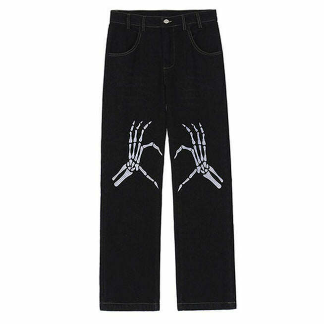 Y2K Grunge Skeleton Hands Embroidery Jeans - Retro 90s Fashion, Summer Y2K Outfits