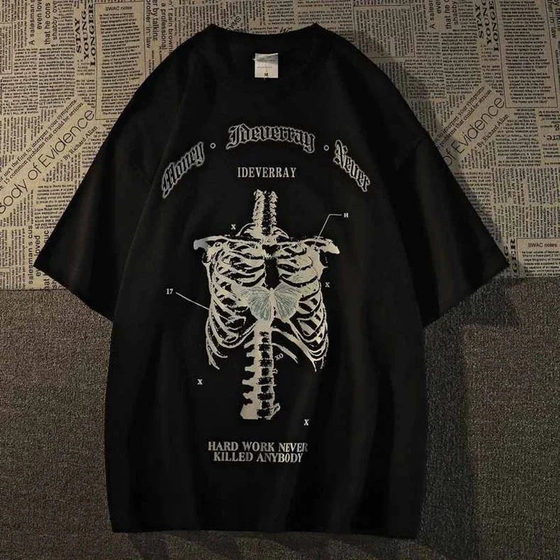 Y2K Grunge Skeleton Print Goth T-Shirt - Retro 90s Fashion, Summer Y2K Outfits