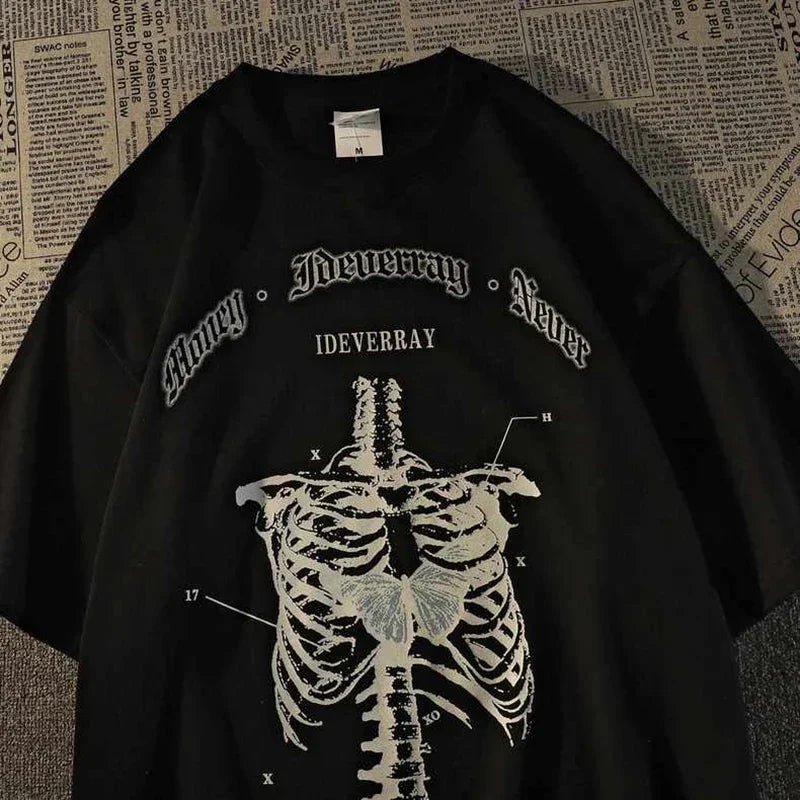 Y2K Grunge Skeleton Print Goth T-Shirt - Retro 90s Fashion, Summer Y2K Outfits