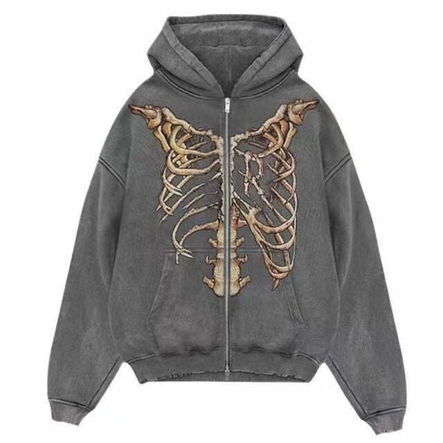 Y2K Grunge Skeleton Zip Up Hoodie - Retro 90s Fashion, Summer Outfits, and Party Looks