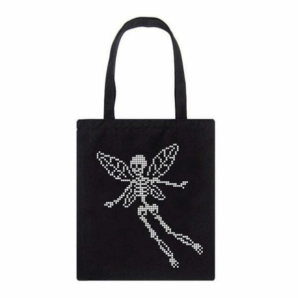 Y2K Grunge Skull Butterfly Canvas Bag - Retro 90s Fashion, Pastel Goth, Y2K Summer Outfit