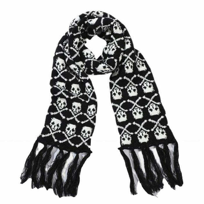 Y2K Grunge Skull Knitted Scarf - Retro 90s Fashion, Gothic Y2K, Summer & Party