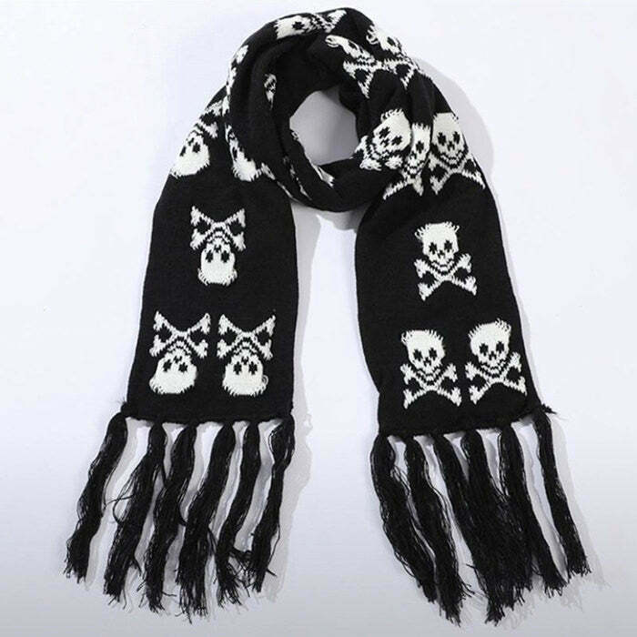 Y2K Grunge Skull Knitted Scarf - Retro 90s Fashion, Gothic Y2K, Summer & Party