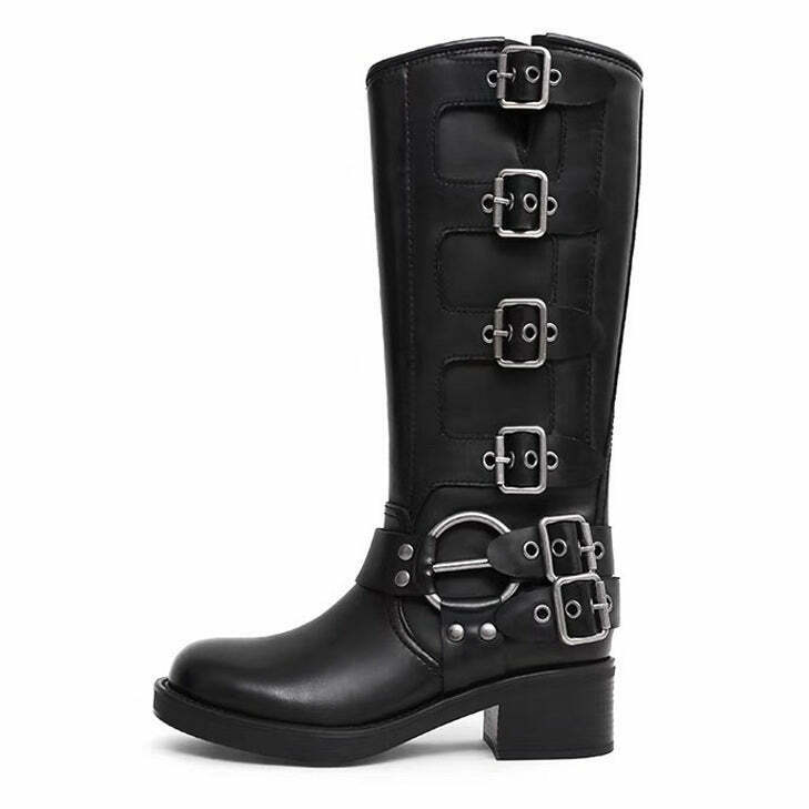 Y2K Grunge Sleaze Buckle Boots - Retro 90s Fashion, Y2K Summer Outfits, Gothic