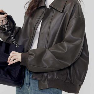 Y2K Grunge Sleaze Leather Bomber Jacket - Retro 90s Fashion, Y2K Summer & Party Out