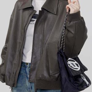 Y2K Grunge Sleaze Leather Bomber Jacket - Retro 90s Fashion, Y2K Summer & Party Out