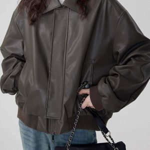 Y2K Grunge Sleaze Leather Bomber Jacket - Retro 90s Fashion, Y2K Summer & Party Out