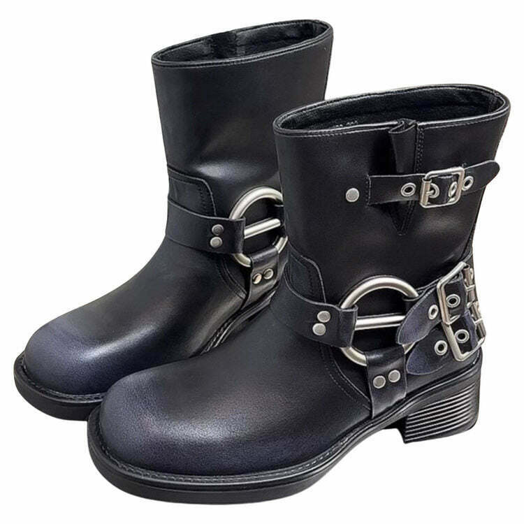 Y2K Grunge Sleaze Motorcycle Buckle Boots - Retro 90s Fashion, Y2K Summer & Party Out