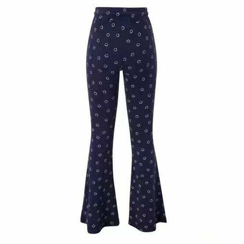 Y2K Grunge Smile Print Flare Trousers - Retro 90s Summer Party Outfit for Women