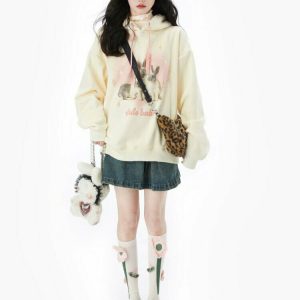 Y2K Grunge Softie Bunny Print Hoodie - Retro 90s Fashion, Summer Outfits, and Clubwear