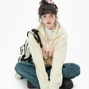 Y2K Grunge Softie Bunny Print Hoodie - Retro 90s Fashion, Summer Outfits, and Clubwear