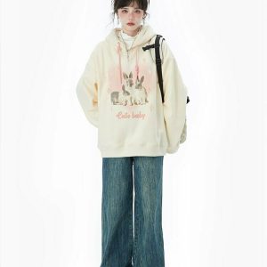 Y2K Grunge Softie Bunny Print Hoodie - Retro 90s Fashion, Summer Outfits, and Clubwear