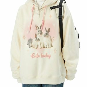 Y2K Grunge Softie Bunny Print Hoodie - Retro 90s Fashion, Summer Outfits, and Clubwear