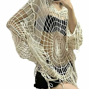 Y2K Grunge Spider Web Knit Sweater - 90s Retro Goth Pastel Goth Summer Outfit