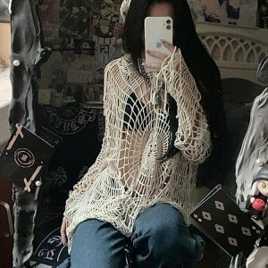 Y2K Grunge Spider Web Knit Sweater - 90s Retro Goth Pastel Goth Summer Outfit