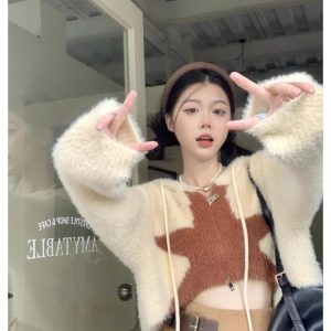 Y2K Grunge Star Cardigan Crop Knit Sweater - 90s Retro Summer Outfit, Pastel Goth Style