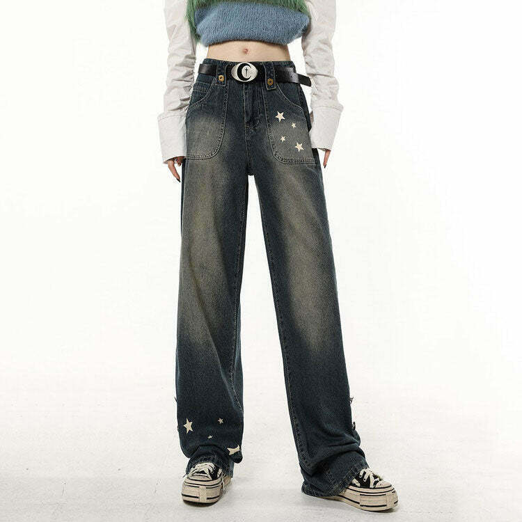 Y2K Grunge Star Child Wide Leg Jeans - Retro 90s Fashion, Summer Y2K Outfits