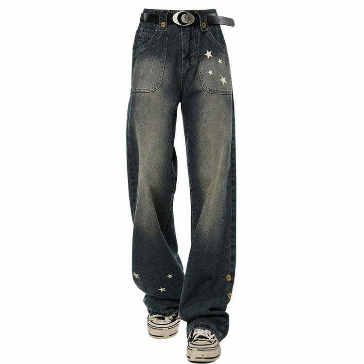 Y2K Grunge Star Child Wide Leg Jeans - Retro 90s Fashion, Summer Y2K Outfits