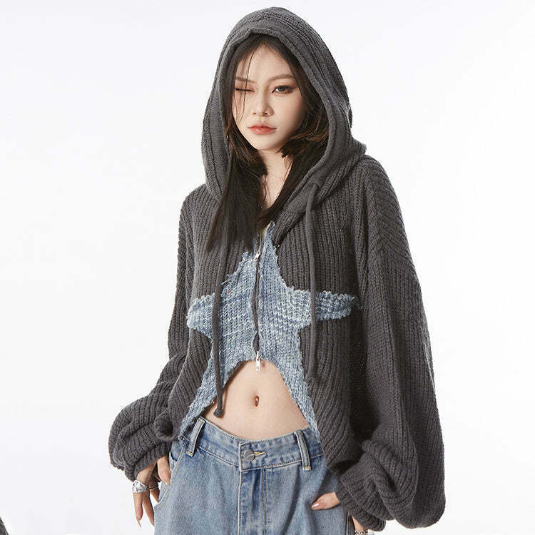 Y2K Grunge Star Girl Aesthetic Zip Up Knit Hoodie - 90s Retro Summer Outfit