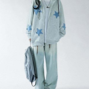 Y2K Grunge Star Patch Aesthetic Zip Up Hoodie - 90s Retro Summer Outfit for Women