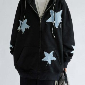 Y2K Grunge Star Patch Aesthetic Zip Up Hoodie - 90s Retro Summer Outfit for Women