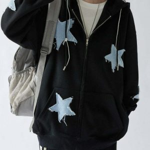 Y2K Grunge Star Patch Aesthetic Zip Up Hoodie - 90s Retro Summer Outfit for Women