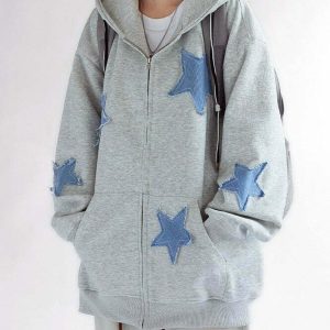 Y2K Grunge Star Patch Aesthetic Zip Up Hoodie - 90s Retro Summer Outfit for Women