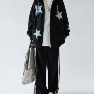 Y2K Grunge Star Patch Aesthetic Zip Up Hoodie - 90s Retro Summer Outfit for Women