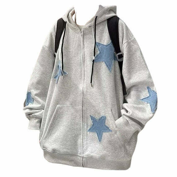 Y2K Grunge Star Patch Aesthetic Zip Up Hoodie - 90s Retro Summer Outfit for Women