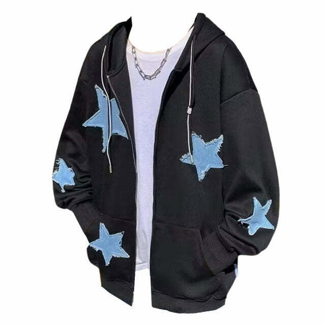 Y2K Grunge Star Patch Aesthetic Zip Up Hoodie - 90s Retro Summer Outfit for Women