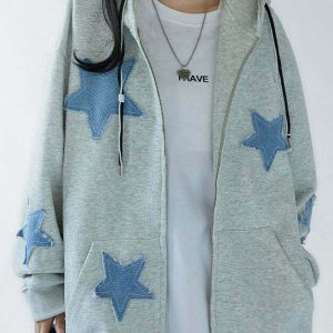 Y2K Grunge Star Patch Aesthetic Zip Up Hoodie - 90s Retro Summer Outfit for Women