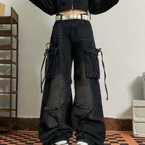 Y2K Grunge Star Patch Cargo Jeans - Retro 90s Fashion, Summer Y2K Outfits, Hip Hop