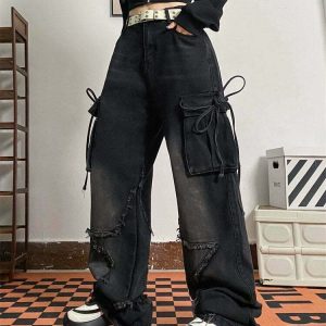 Y2K Grunge Star Patch Cargo Jeans - Retro 90s Fashion, Summer Y2K Outfits, Hip Hop