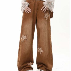 Y2K Grunge Star Patch Jeans - Retro 90s Fashion, Summer Outfits, and Gothic Y2K Style