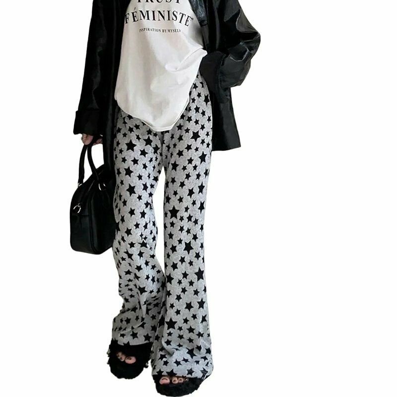 Y2K Grunge Star Print Flare Pants - Retro 90s Fashion, Summer Outfits, Club & Party Wear