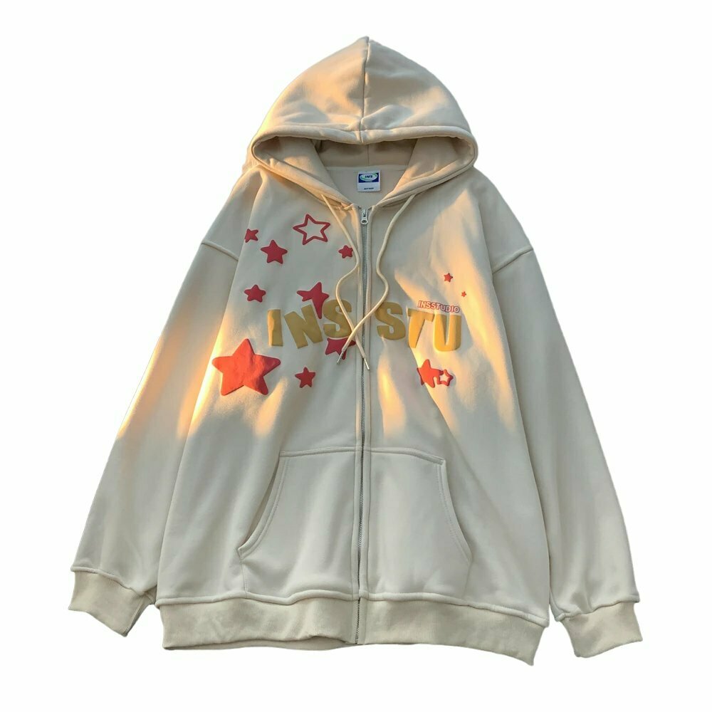 Y2K Grunge Star Print Hoodie - Retro 90s Fashion, Summer Outfits, and Pastel Goth Style