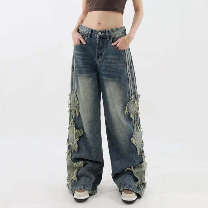 Y2K Grunge Star Stripe Jeans - Retro 90s Fashion, Summer Outfits, and Clubwear