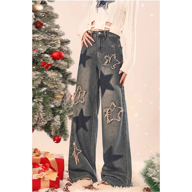 Y2K Grunge Stars Print High Waist Wide Leg Jeans - Vintage American Street Style Casual Baggy Denim Trouser