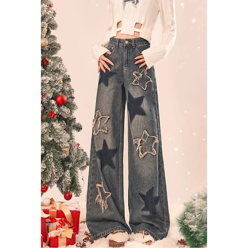 Y2K Grunge Stars Print High Waist Wide Leg Jeans - Vintage American Street Style Casual Baggy Denim Trouser