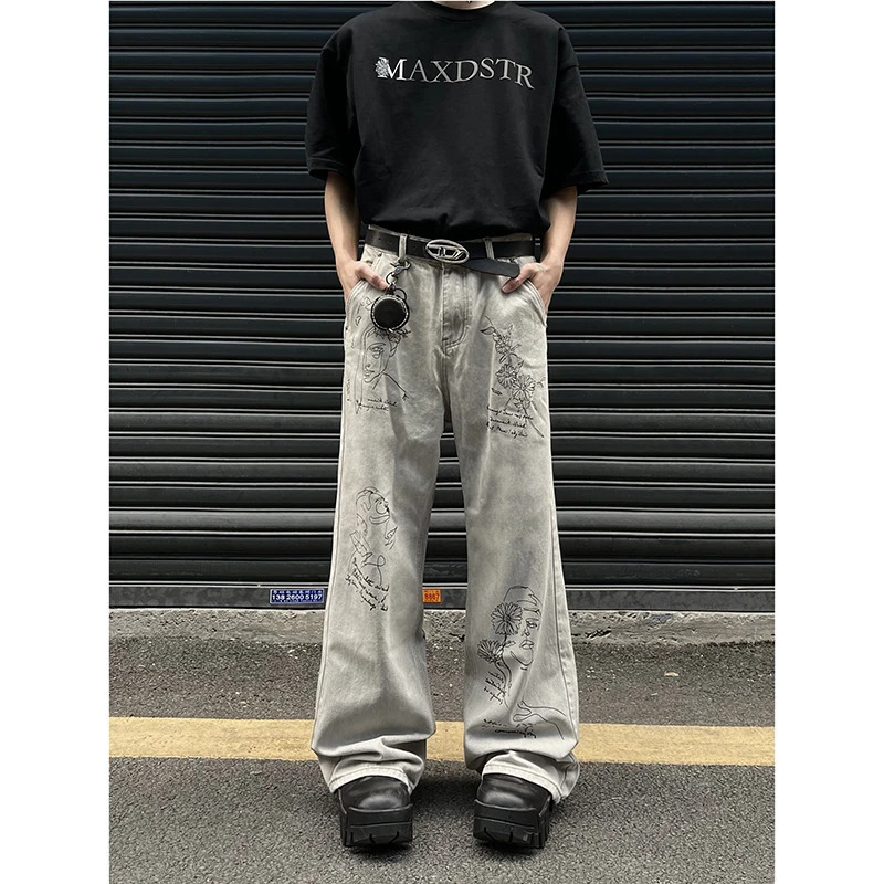 Y2K Grunge Streetwear High Waist Jeans - American Retro Hip-hop Print Denim Trouser