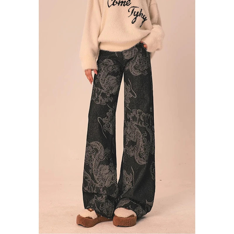 Y2K Grunge Streetwear High Waist Jeans - American Retro Hip-hop Print Denim Trouser