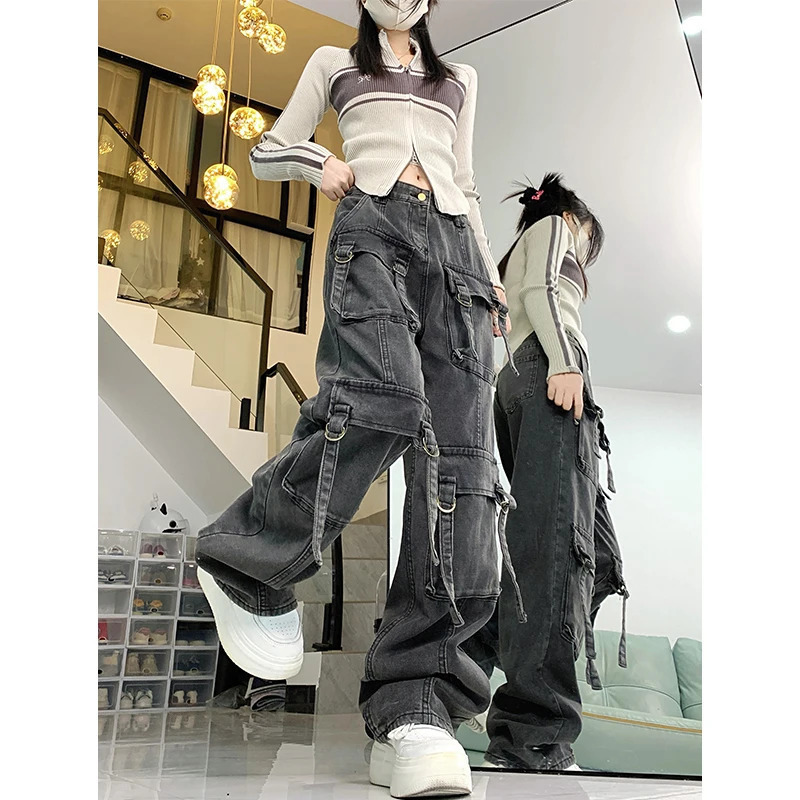 Y2K Grunge Streetwear Retro Straight Jeans for Women - Black American Hip-hop Style