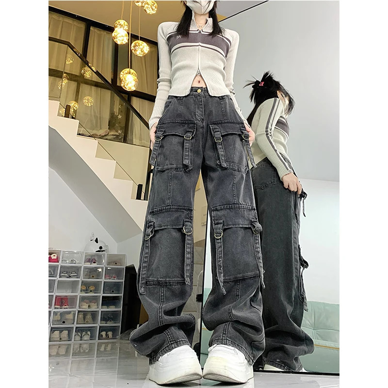 Y2K Grunge Streetwear Retro Straight Jeans for Women - Black American Hip-hop Style