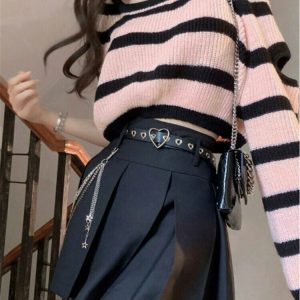 Y2K Grunge Stripe Knit Sweater - Retro 90s Fashion, Summer Outfits, and Pastel Goth Style