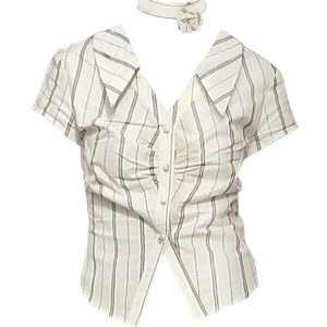 Y2K Grunge Stripe Office Blouse - Retro 90s Fashion, Summer Y2K Outfits, Pastel