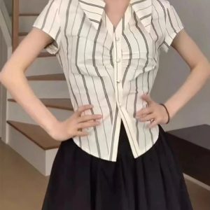 Y2K Grunge Stripe Office Blouse - Retro 90s Fashion, Summer Y2K Outfits, Pastel